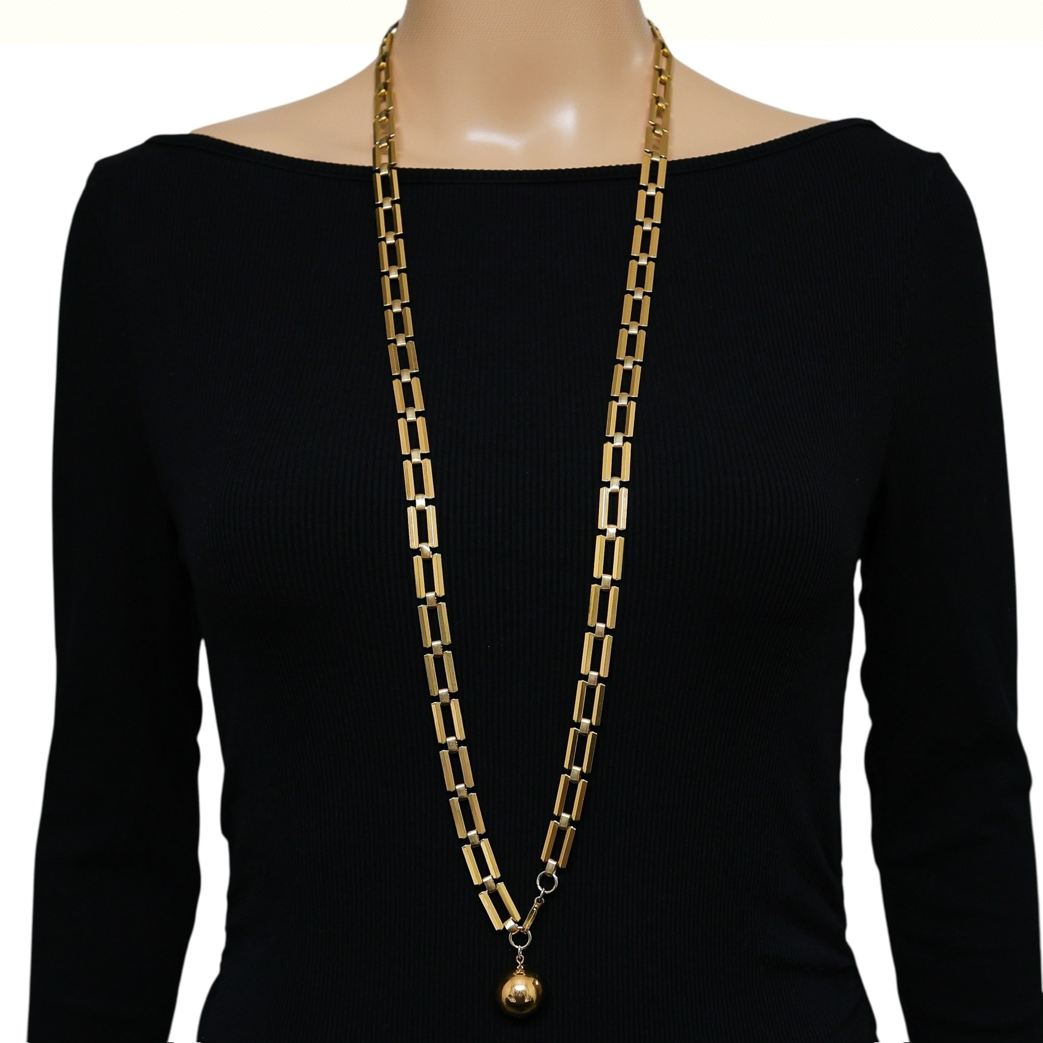 Trifari 1940s Modernist Long Chain Necklace w Orb Charm Pendant 38” image 2