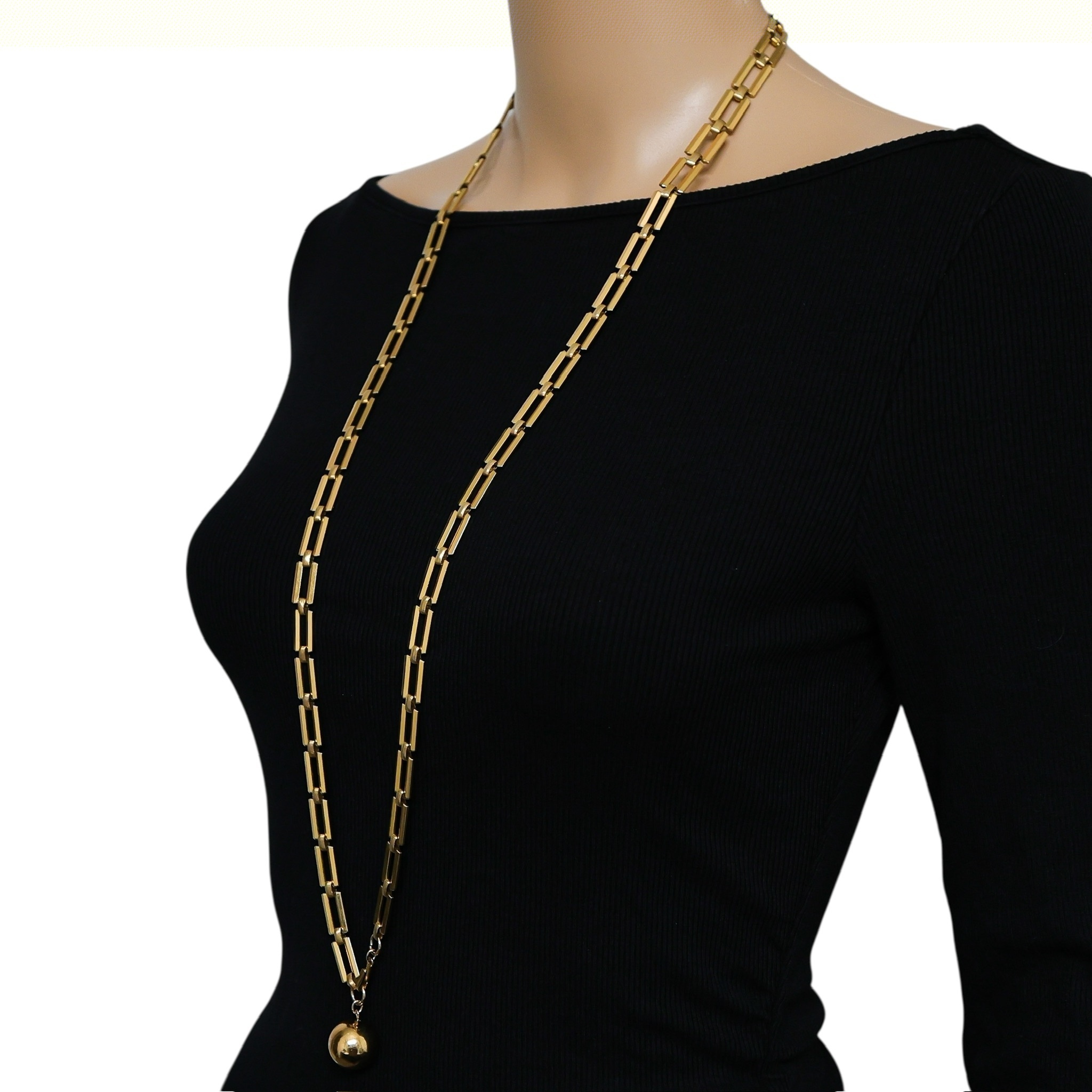 Trifari 1940s Modernist Long Chain Necklace w Orb Charm Pendant 38” image 3