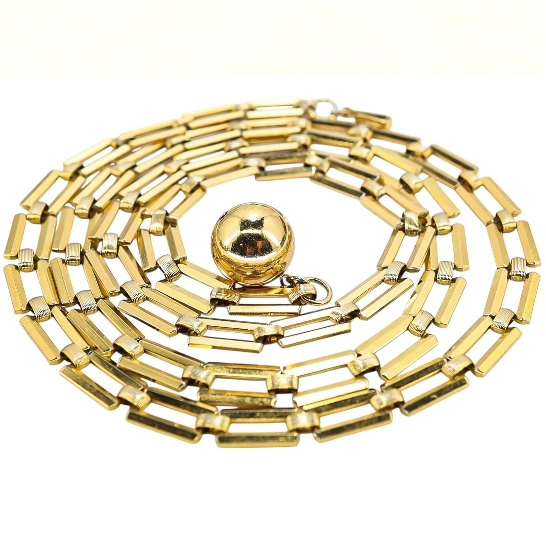 Trifari 1940s Modernist Long Chain Necklace w Orb Charm Pendant 38” image 6