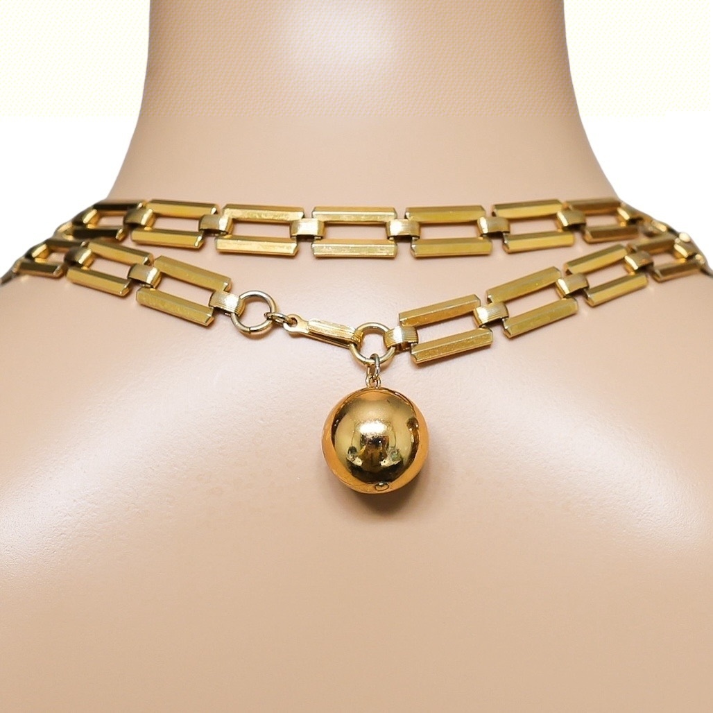 Trifari 1940s Modernist Long Chain Necklace w Orb Charm Pendant 38” image 9