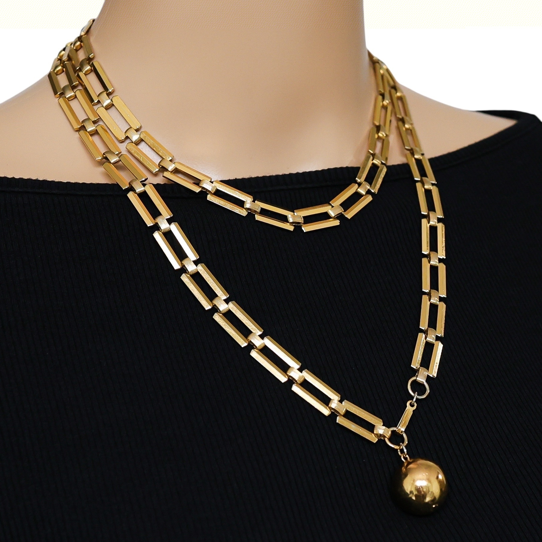 Trifari 1940s Modernist Long Chain Necklace w Orb Charm Pendant 38” image 10