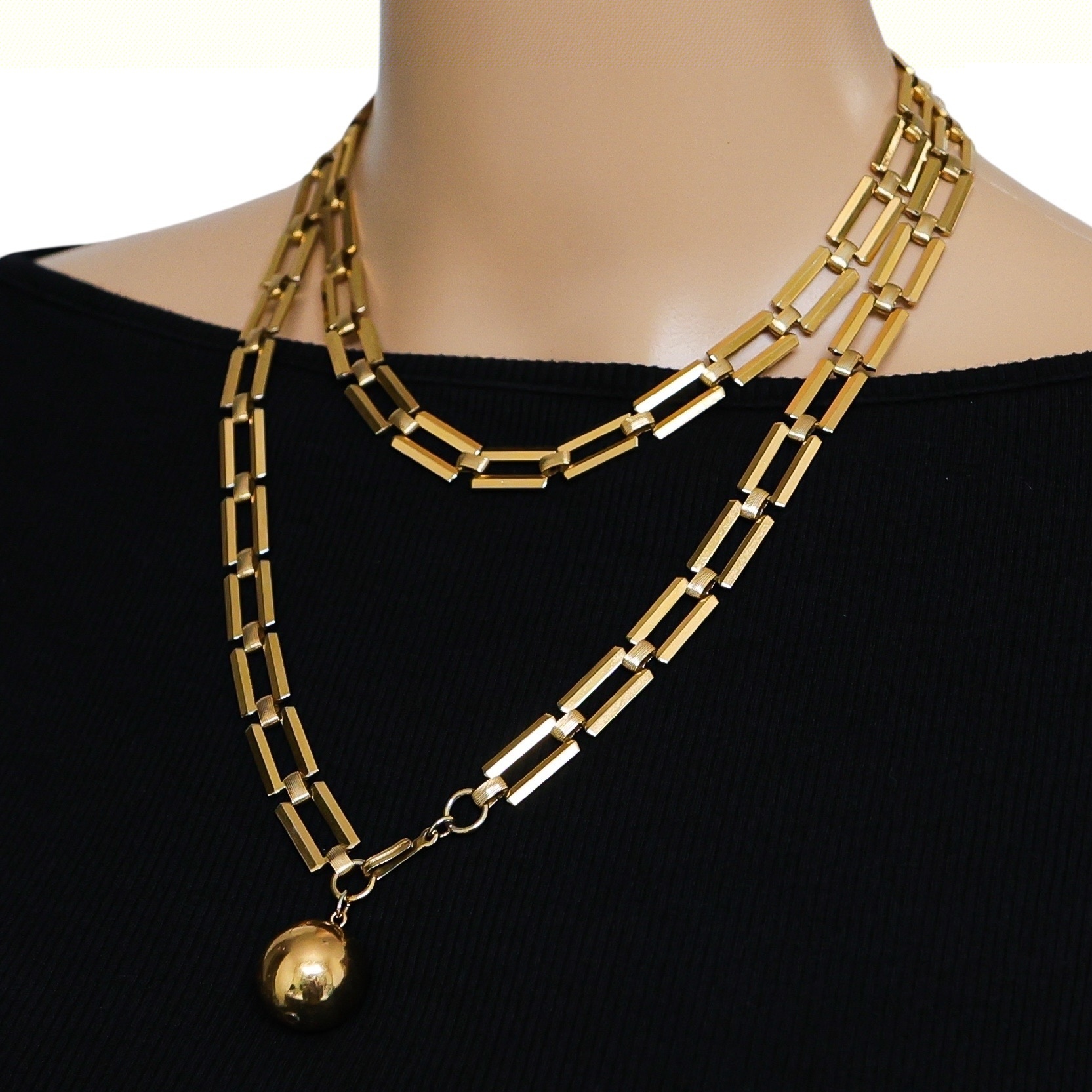 Trifari 1940s Modernist Long Chain Necklace w Orb Charm Pendant 38” image 11