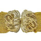 MCM Glamorous Gold Metallic Knit Stretch Belt Statement Bow Clasp Wide Elastic 28” – Rare Vintage Item