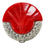 Vintage Art Deco Red Galalith And Clear Rhinestones Belt Buckle / Coat Clip - Signed WMCA – Rare collectible vintage item 
