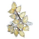 Sterling Silver Ethiopian Yellow Opal Leaf Ring, Size 8 – Pear-Cut Stones with Subtle Play of Color – Estate Find