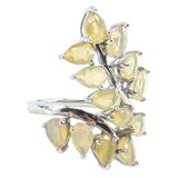 Sterling Silver Ethiopian Yellow Opal Leaf Ring, Size 8 – Pear-Cut Stones with Subtle Play of Color – Estate Find