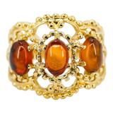 14K Gold-Plated Stainless Steel Baltic Amber Ring – Architectural Openwork Statement 3 Cabs – Collectible vintage item