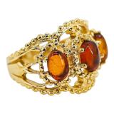 14K Gold-Plated Stainless Steel Baltic Amber Ring – Architectural Openwork Statement 3 Cabs – Collectible vintage item