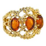 14K Gold-Plated Stainless Steel Baltic Amber Ring – Architectural Openwork Statement 3 Cabs – Collectible vintage item