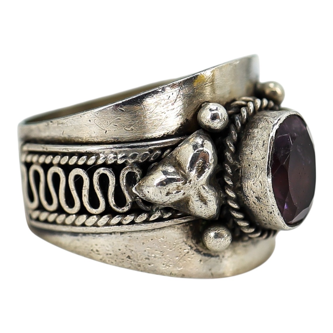 Hand Crafted Sterling Silver Ring - Artisan Scroll - Natural Amethyst image 11