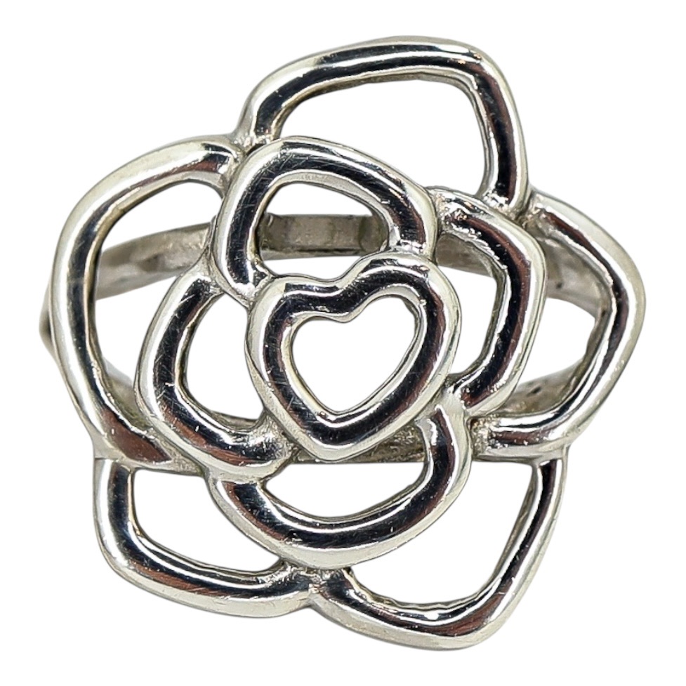 Sterling Silver Open Flower Ring with Heart Motif - Artisan Cast- 3.7G Size 9