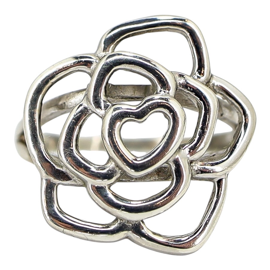 Sterling Silver Open Flower Ring with Heart Motif - Artisan Cast- 3.7G Size 9 image 9