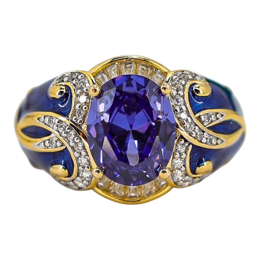 Sterling Silver Gold Vermeil Ring - Blue Enamel & Cubic Zirconia – Palazzo Style - Size 7