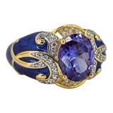 Sterling Silver Gold Vermeil Ring - Blue Enamel & Cubic Zirconia – Palazzo Style - Size 7 – Estate Find
