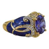 Sterling Silver Gold Vermeil Ring - Blue Enamel & Cubic Zirconia – Palazzo Style - Size 7 – Estate Find