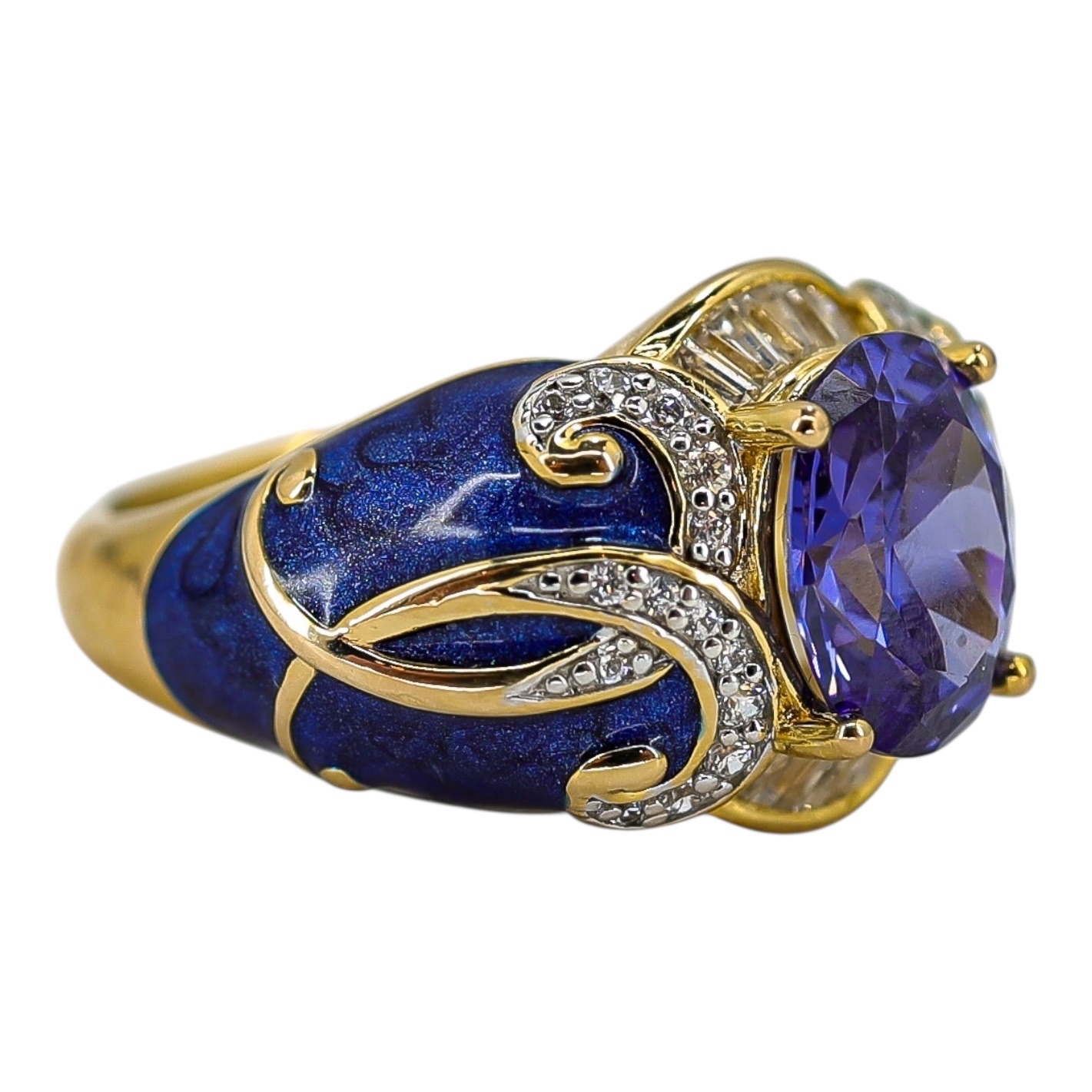 Sterling Silver Gold Vermeil Ring - Blue Enamel & Cubic Zirconia – Palazzo Style - Size 7 image 3