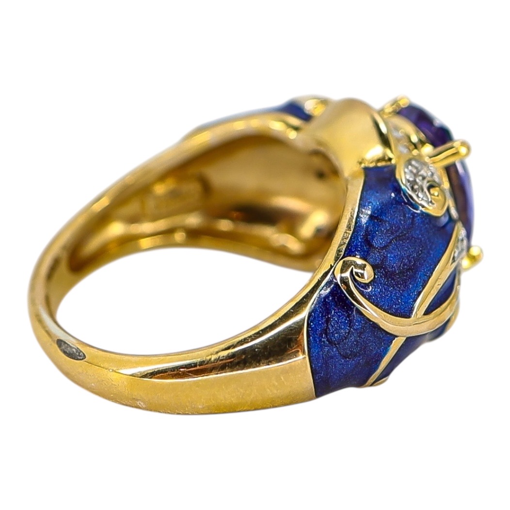 Sterling Silver Gold Vermeil Ring - Blue Enamel & Cubic Zirconia – Palazzo Style - Size 7 image 4