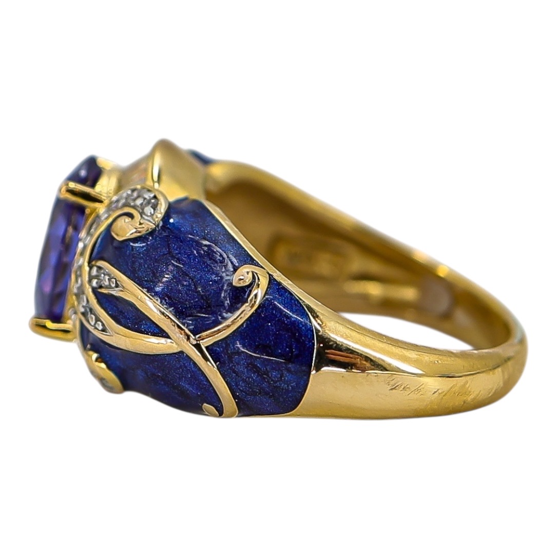 Sterling Silver Gold Vermeil Ring - Blue Enamel & Cubic Zirconia – Palazzo Style - Size 7 image 10