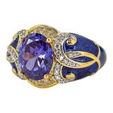 Sterling Silver Gold Vermeil Ring - Blue Enamel & Cubic Zirconia – Palazzo Style - Size 7 – Estate Find