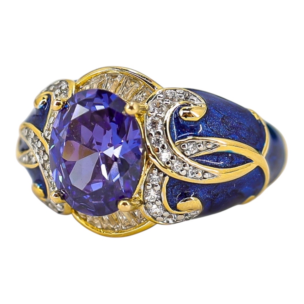 Sterling Silver Gold Vermeil Ring - Blue Enamel & Cubic Zirconia – Palazzo Style - Size 7 image 11