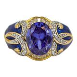 Sterling Silver Gold Vermeil Ring - Blue Enamel & Cubic Zirconia – Palazzo Style - Size 7 – Estate Find
