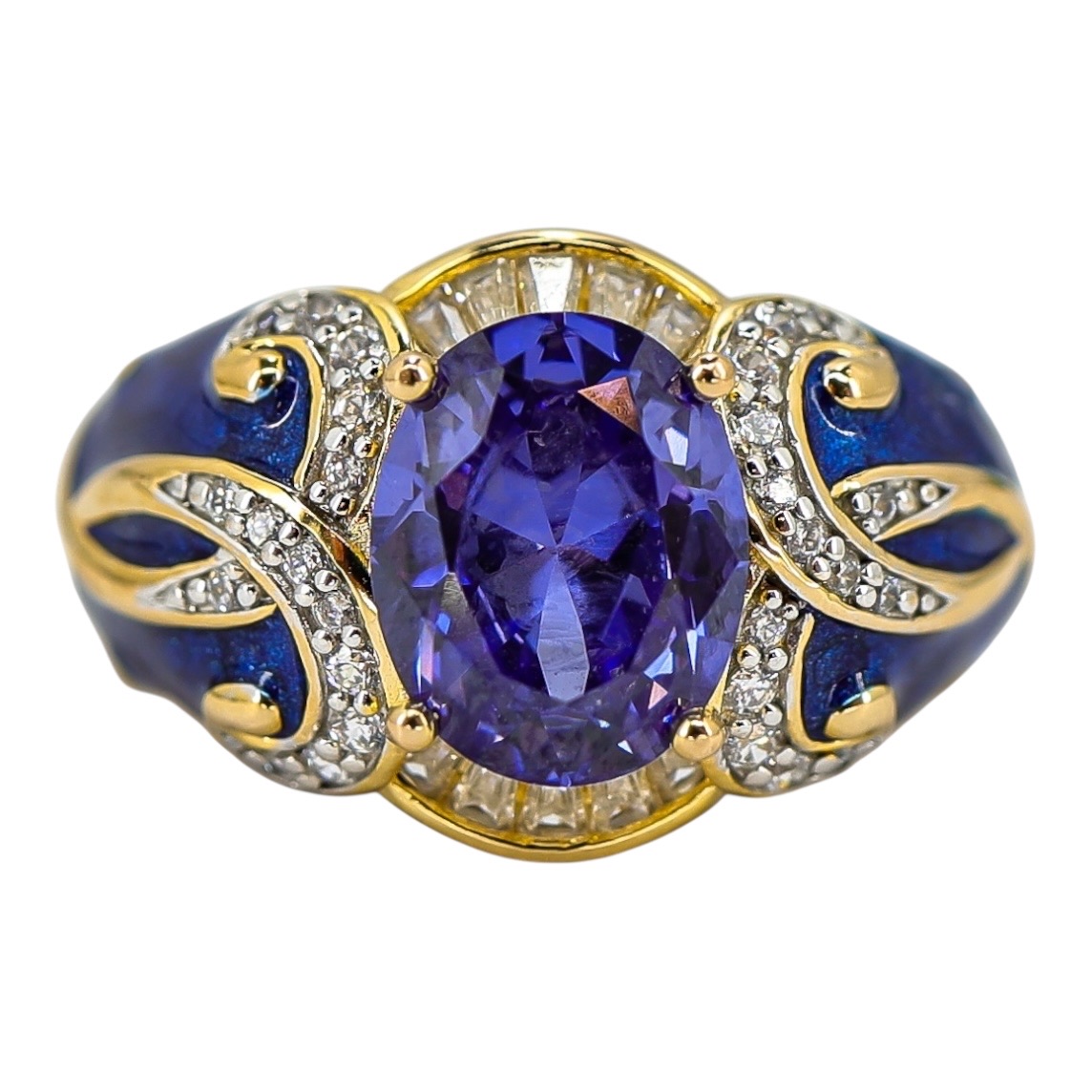 Sterling Silver Gold Vermeil Ring - Blue Enamel & Cubic Zirconia – Palazzo Style - Size 7 image 12