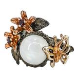 Sterling Silver Rainbow Moonstone Floral Ring – Sculptural Botanical Design Size 8.5 – Studio made / small batch item  - Estate find