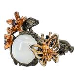 Sterling Silver Rainbow Moonstone Floral Ring – Sculptural Botanical Design Size 8.5 – Studio made / small batch item  - Estate find