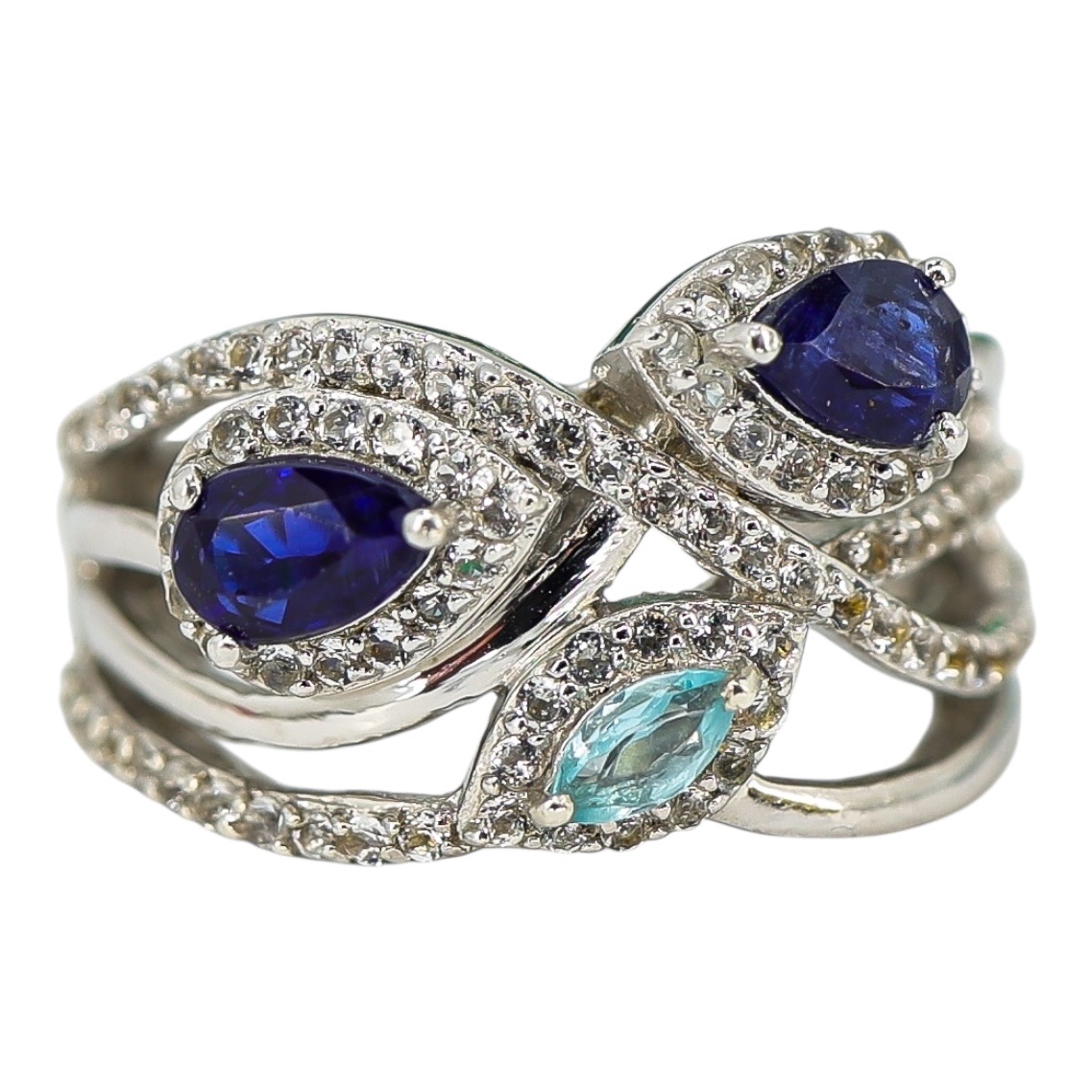 Signed STS Sterling Silver Multi-Stone Ring Blue & Aqua Stones Size 8 image 2