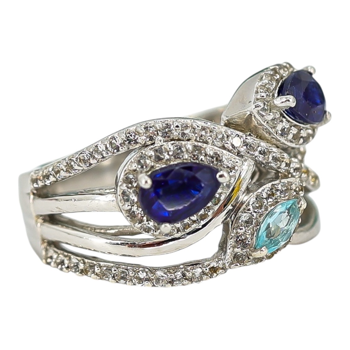Signed STS Sterling Silver Multi-Stone Ring Blue & Aqua Stones Size 8 image 3