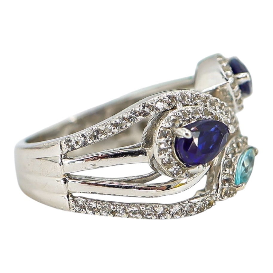 Signed STS Sterling Silver Multi-Stone Ring Blue & Aqua Stones Size 8 image 4