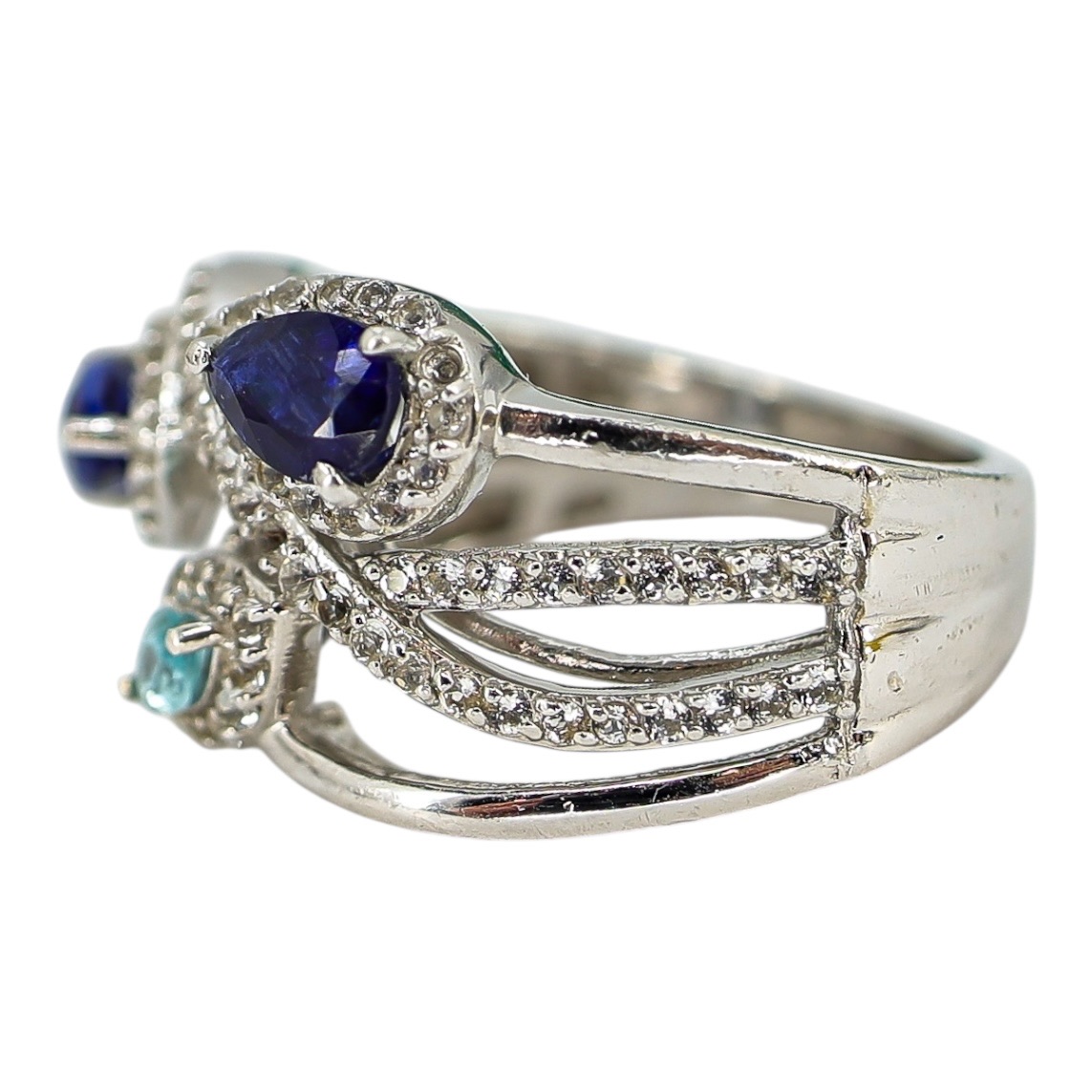 Signed STS Sterling Silver Multi-Stone Ring Blue & Aqua Stones Size 8 image 9
