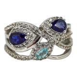 Signed STS Sterling Silver Multi-Stone Ring Blue & Aqua Stones Size 8 – Rare Vintage Item