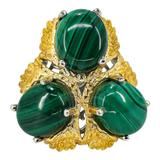 Signed STS Karis Malachite Cabachons Ring - Size 8 -Statement Bold Green Stone Boho – Rare Vintage Item