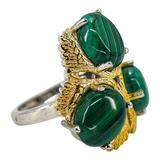 Signed STS Karis Malachite Cabachons Ring - Size 8 -Statement Bold Green Stone Boho – Rare Vintage Item