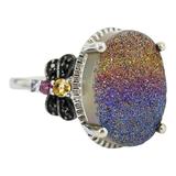 Signed STS Sterling Silver Rainbow Druzy Quartz Statement Ring – Size 7 – Rare collectible vintage item 
