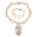 Beach Boho Freshwater Pearl Necklace & Bracelet Set Large Oval Shell Pendant – OOAK - Unique one of a kind artisan item