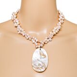 Beach Boho Freshwater Pearl Necklace & Bracelet Set Large Oval Shell Pendant – OOAK - Unique one of a kind artisan item