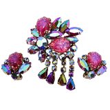 Vintage Dragon’s Breath Glass & Watermelon AB Rhinestone Brooch Clip Earrings Set – Rare Vintage Item