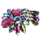 Vintage Dragon’s Breath Glass & Watermelon AB Rhinestone Brooch Clip Earrings Set – Rare Vintage Item