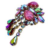 Vintage Dragon’s Breath Glass & Watermelon AB Rhinestone Brooch Clip Earrings Set – Rare Vintage Item