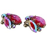 Vintage Dragon’s Breath Glass & Watermelon AB Rhinestone Brooch Clip Earrings Set – Rare Vintage Item