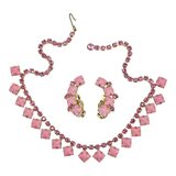Vintage Mid Century Pink Rhinestone Choker Necklace & Clip Earrings Set Gold Tone – Rare Vintage Item