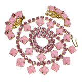 Vintage Mid Century Pink Rhinestone Choker Necklace & Clip Earrings Set Gold Tone – Rare Vintage Item