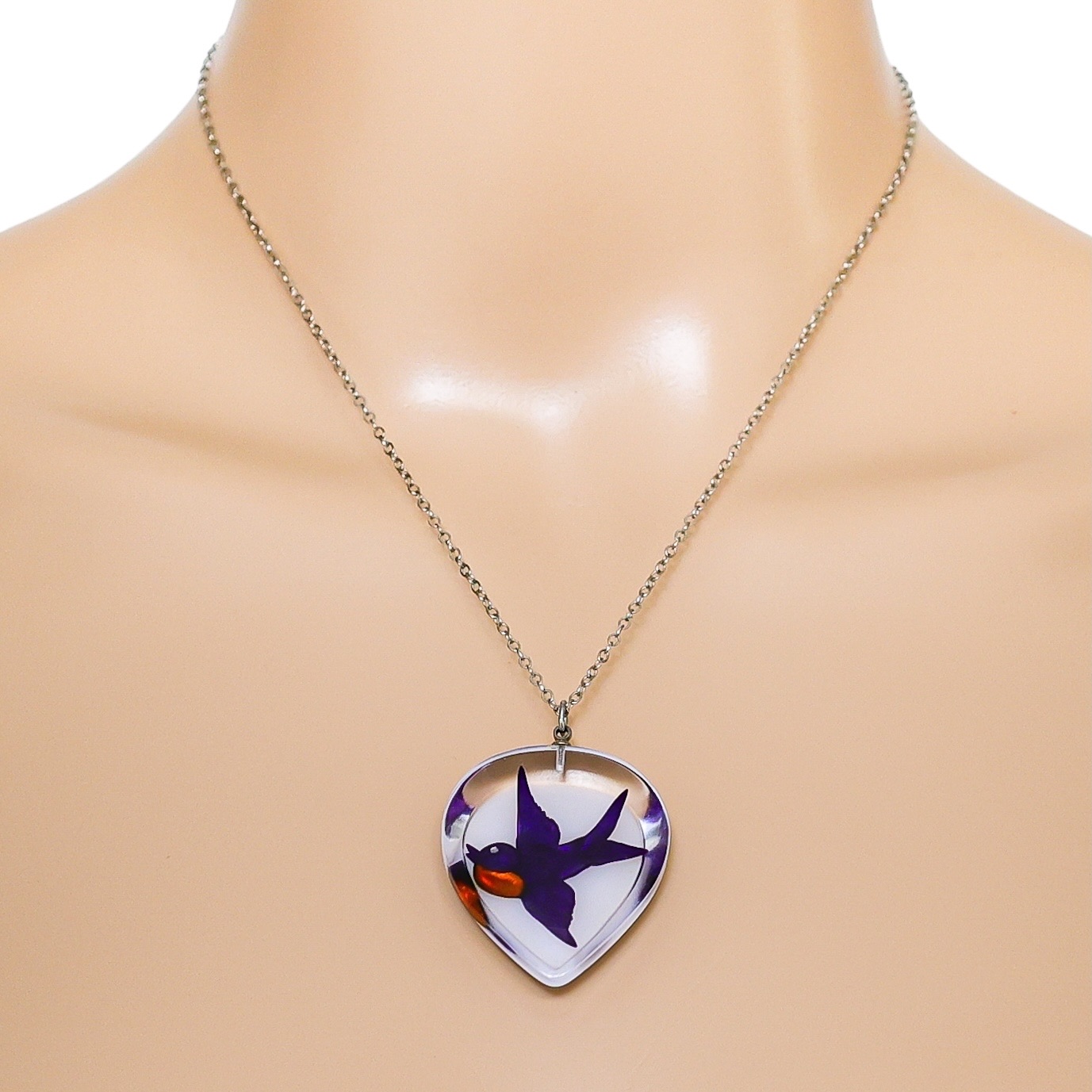 Vintage Lucite Bird Pendant Necklace & Earrings Set – Reverse-Carved / Embedded Design image 2