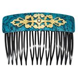 Vintage 30s–50s French Hair Comb Teal Marbled Acetate Applied Filigree – Rare collectible vintage item 