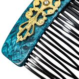 Vintage 30s–50s French Hair Comb Teal Marbled Acetate Applied Filigree – Rare collectible vintage item 