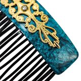 Vintage 30s–50s French Hair Comb Teal Marbled Acetate Applied Filigree – Rare collectible vintage item 